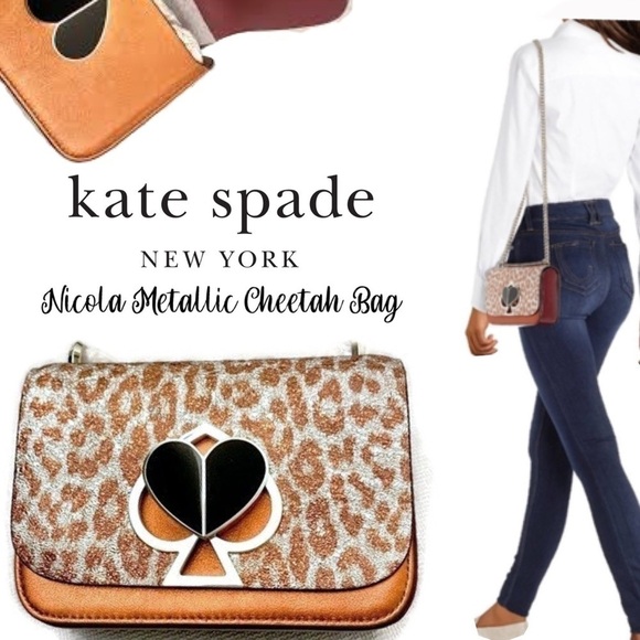 Kate Spade Nicola Leather Crossbody Leopard Shoulder Bag Metallic Copper Cheetah - Picture 1 of 16